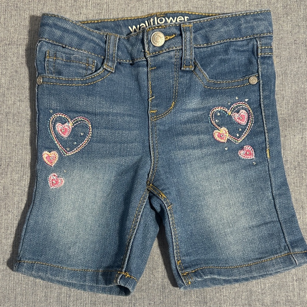 Wallflower Denim Shorts with Pink & Yellow Heart Embroidery